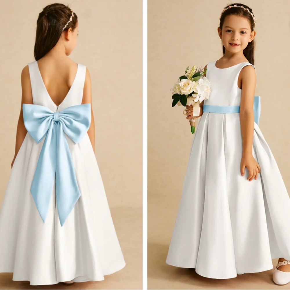 Ivory Azazie Pipsy Flower Girl Dress with Sky Blue Sash and Bow